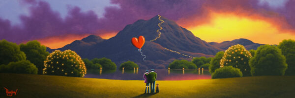 lake district art original oil painting by artist david renshaw adventures of ted and doris northern romance. A sunset evening scene inspired by the festival of lights up a mountain red heart