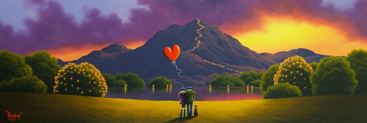 Enduring Love Renshaw lake district art original oil painting by artist david renshaw adventures of ted and doris northern romance. A sunset evening scene inspired by the festival of lights up a mountain red heart