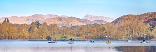 lake district art photography by Jon Allison. First Light at Windermere Capturing (from left to right) Cold Pike Pike O' Blisco Crinkle Crags Bowfell and Lingmoor
