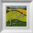 Lake District art by David Alderman. An acrylic painting of a flock of sheep shepherd sheepdog collie showing green summer fields with stone walls mountains in a colourful contemporary style.