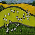 Lake District art by David Alderman. An acrylic painting of a flock of sheep shepherd sheepdog collie showing green summer fields with stone walls mountains in a colourful contemporary style.