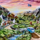 Lake District art original acrylic painting High Road or the Low Road a colourful village with a VW camper - place - highland cow and red phone box