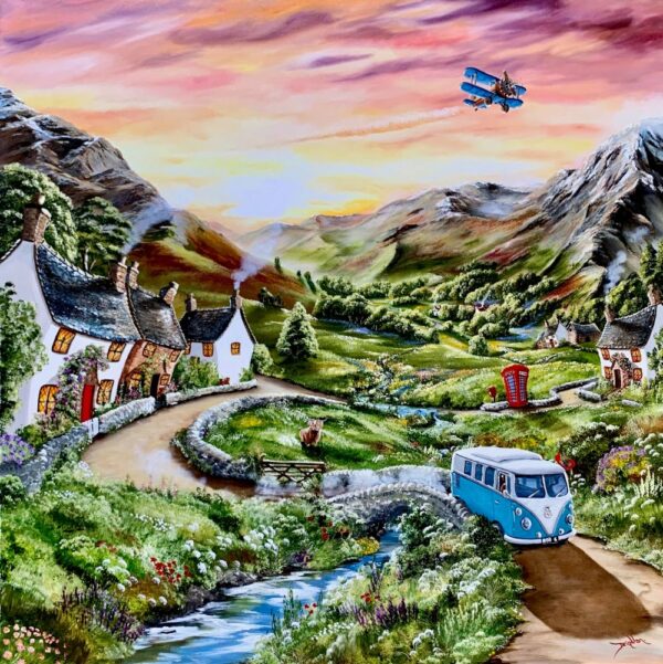 Lake District art original acrylic painting High Road or the Low Road a colourful village with a VW camper - place - highland cow and red phone box