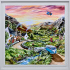 Lake District art original acrylic painting High Road or the Low Road a colourful village with a VW camper - place - highland cow and red phone box