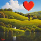 lake district art romantic original oil painting by david renshaw. Hold On Forever featuring ted and doris holding onto a red love heart balloon over a lake with lush green hills beyond