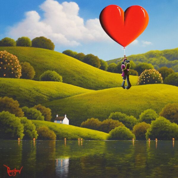 lake district art romantic original oil painting by david renshaw. Hold On Forever featuring ted and doris holding onto a red love heart balloon over a lake with lush green hills beyond