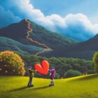 lake district art original oil painting by artist david renshaw adventures of ted and doris northern romance. A cloudy evening scene inspired by the festival of lights up a mountain