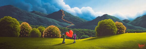 lake district art original oil painting by artist david renshaw adventures of ted and doris northern romance. A cloudy evening scene inspired by the festival of lights up a mountain