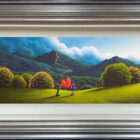 lake district art original oil painting by artist david renshaw adventures of ted and doris northern romance. A cloudy evening scene inspired by the festival of lights up a mountain