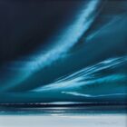 Lake District art original painting Northern Skies of sweeping skyscape in deep blue tones by Jonathan Shaw. Reminiscent of a winter shoreline and Arora borealis