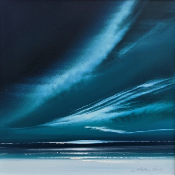 Lake District art original painting Northern Skies of sweeping skyscape in deep blue tones by Jonathan Shaw. Reminiscent of a winter shoreline and Arora borealis