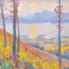 lake district art original oil painting by local artist Jeff Sudders. Overlooking Windermere in Autumn a view from the hillside looking over the lake towards the langdale pikes at sunset