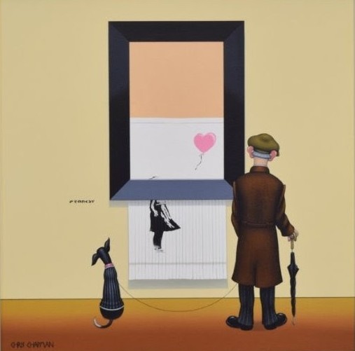 Limited Edition Giclee Print on Canvas by Chris Chapman of his original painting 'Pink Balloon'  in the style of  'Pranksy'. Contemporary art. part of Chris' gallery series