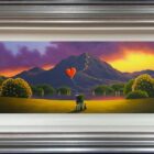 lake district art original oil painting by artist david renshaw adventures of ted and doris northern romance. A sunset evening scene inspired by the festival of lights up a mountain red heart