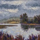 lake district art original oil painting by local artist Jeff Sudders. Silver Lake Windermere featuring distant mountains a cloudy sky and autumn bushes and trees
