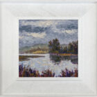 lake district art original oil painting by local artist Jeff Sudders. Silver Lake Windermere featuring distant mountains a cloudy sky and autumn bushes and trees