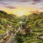 Lake District art original acrylic painting by Caroline Deighton. Stopping for a Chat with My Bestie - a peaceful village with a dog and herdwick sheep beautiful green mountains and a lake