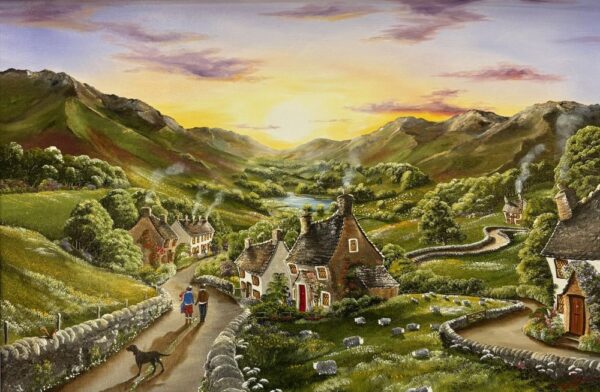 Lake District art original acrylic painting by Caroline Deighton. Stopping for a Chat with My Bestie - a peaceful village with a dog and herdwick sheep beautiful green mountains and a lake
