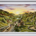 Lake District art original acrylic painting by Caroline Deighton. Stopping for a Chat with My Bestie - a peaceful village with a dog and herdwick sheep beautiful green mountains and a lake