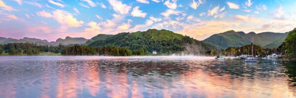 lake district art photography by Jon Allison. Windermere Dawn capturing Crinkle Crags Bowfell The Langdale Pikes Loughrigg Fell the Fairfield Horseshoe behind Waterhead Pier Ambleside.