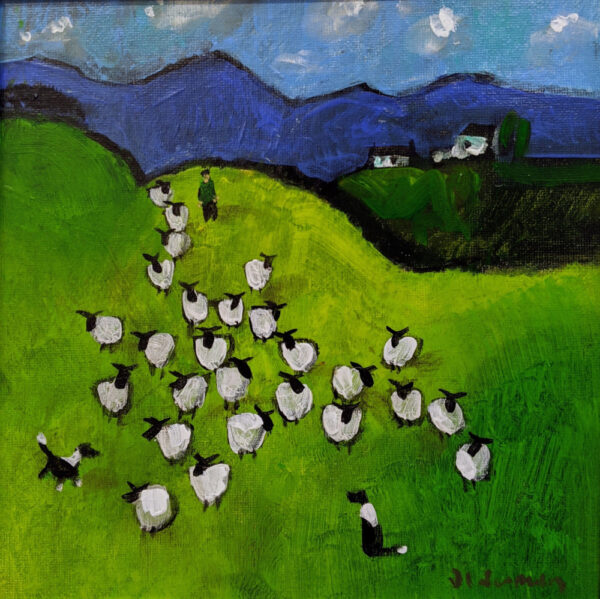 Lake District art by David Alderman. An acrylic painting of a flock of sheep shepherd sheepdog collie showing green summer fields with stone walls mountains in a colourful contemporary style.