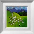 Lake District art by David Alderman. An acrylic painting of a flock of sheep shepherd sheepdog collie showing green summer fields with stone walls mountains in a colourful contemporary style.