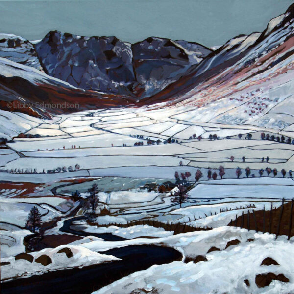 Lake District Art print by Libby Edmondson - A Dusting in Mickleden - a snowy winter scene of the langdale valley in cool tones