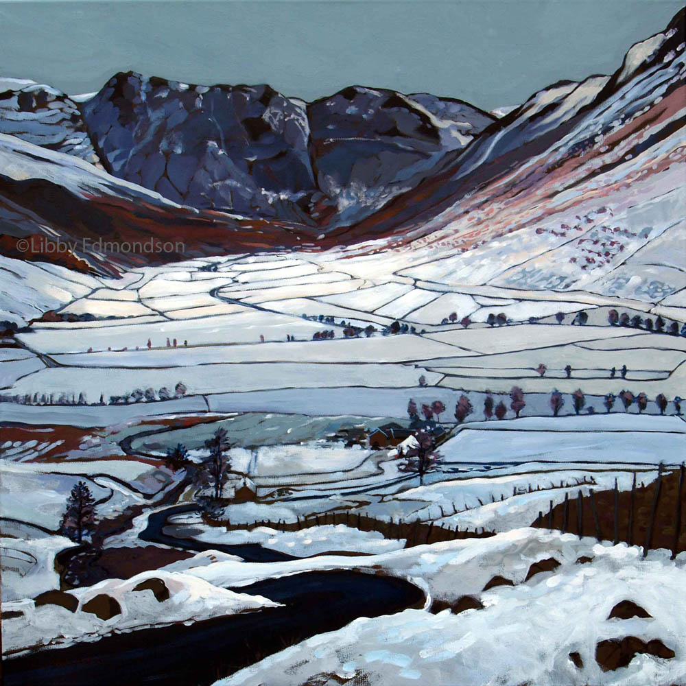 A Dusting in Mickleden Libby Edmondson LEFP Lake District Art print by Libby Edmondson - A Dusting in Mickleden - a snowy winter scene of the langdale valley in cool tones