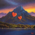 Lake District art by David Renshaw A True Love Story (Boutique Limited Edition Print) featuring ted and doris with heart balloons in front of a large mountain and sunset