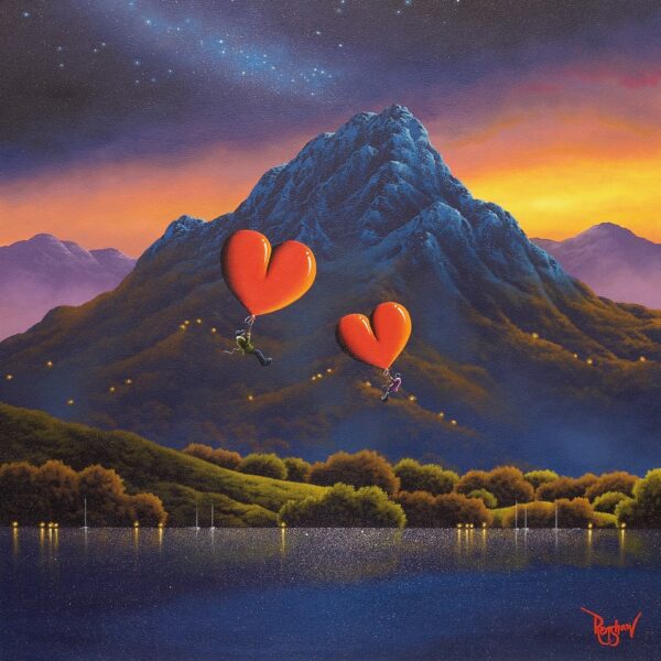 Lake District art by David Renshaw A True Love Story (Boutique Limited Edition Print) featuring ted and doris with heart balloons in front of a large mountain and sunset