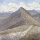 Lake District art print Afternoon Walk Catbells by Jeff Sudders of a distant couple walking up the path towards the summit of Catbells with mountains and blue sky and fluffy clouds.