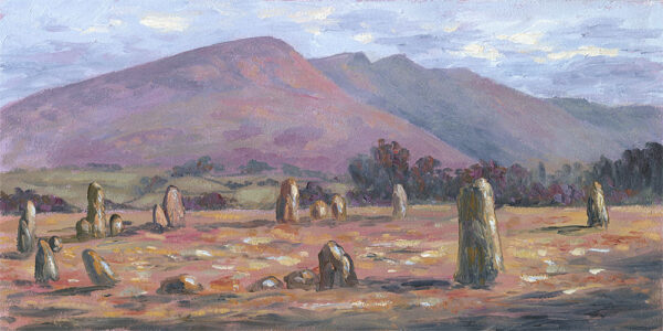 Lake District art print Autumn Colours at Castlerigg Stone Circle near Keswick by Jeff Sudders with purple mountain backdrop.