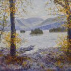 lake district art original oil painting by local artist jeff sudders. Autumn Time at Bowness featuring lake windermere and the fairfield horseshoe in the distance near ambleside with trees