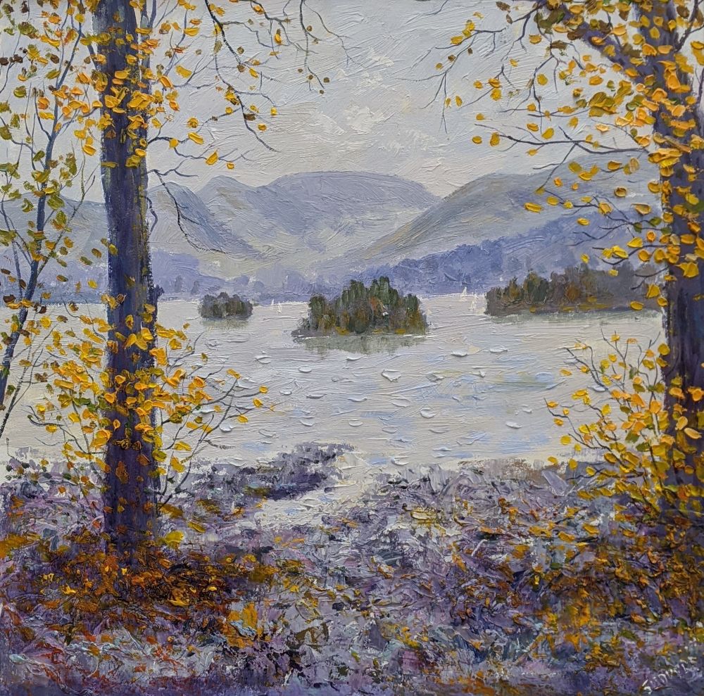 Autumn Time At Bowness by Jeff Sudders lake district art original oil painting by local artist jeff sudders. Autumn Time at Bowness featuring lake windermere and the fairfield horseshoe in the distance near ambleside with trees