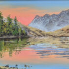 Lake District art original oil painting by Ben Goymour. View over Blea Tarn at sunset / sunrise looking to the iconic langdale pikes