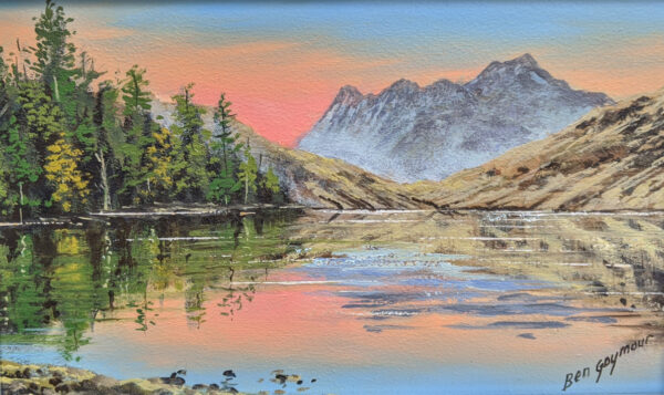 Lake District art original oil painting by Ben Goymour. View over Blea Tarn at sunset / sunrise looking to the iconic langdale pikes