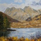 lake district art original oil painting by local artist Jeff Sudders. Blea Tarn with the langdale pikes in the distance in autumn
