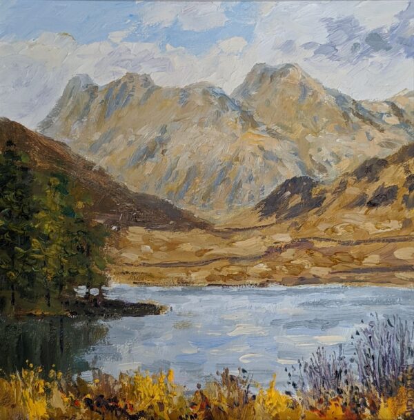 lake district art original oil painting by local artist Jeff Sudders. Blea Tarn with the langdale pikes in the distance in autumn