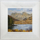 lake district art original oil painting by local artist Jeff Sudders. Blea Tarn with the langdale pikes in the distance in autumn