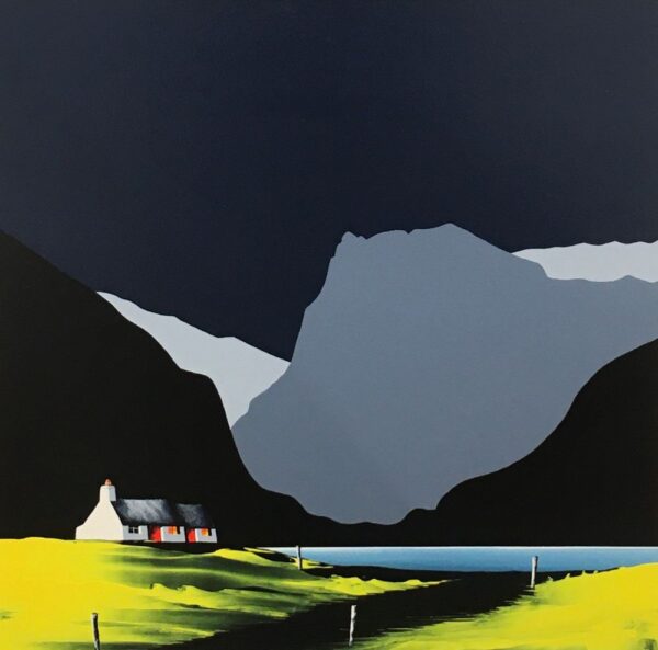 Lake District art by Jay Nottingham. A contemporary original acrylic paintings of Buttermere featuring Fleetwith Pike and surrounding fells in bold silhouettes in a contrasting style.