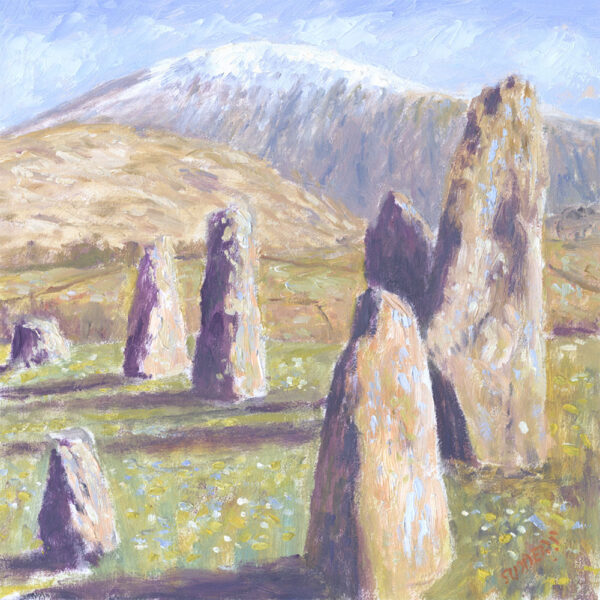 Lake District art original oil painting Castlerigg Stone Circle by Jeff Sudders of some of the stones viewed at close quarterns with Blencathra in the background.