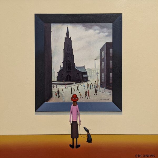 lake district art original oil painting by chris chapman Original Acrylic Painting by Chris Chapman. Church Street in the style of L.S.Lowry an old gentleman & his dog viewing a gallery