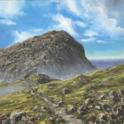 Lake District art original oil painting by Ben Goymour. scafell pike iconic fell summit in blue skies summery greens