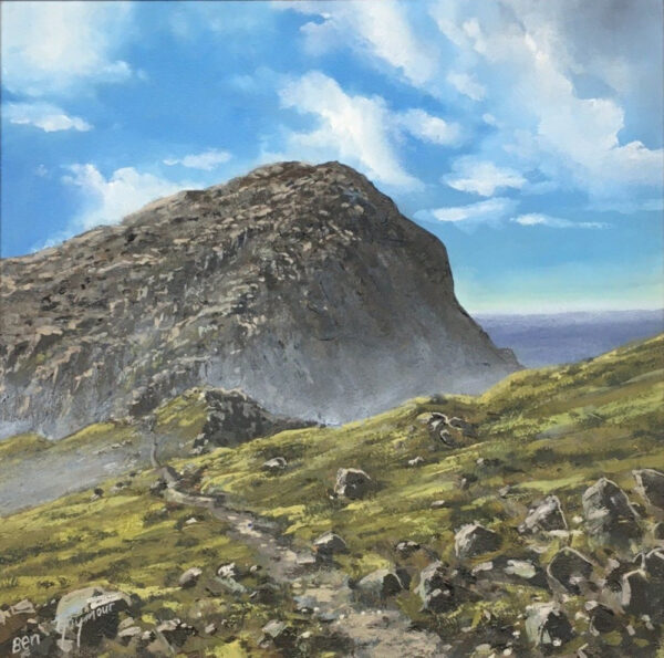 Lake District art original oil painting by Ben Goymour. scafell pike iconic fell summit in blue skies summery greens