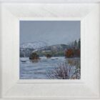 lake district art original oil painting by local artist Jeff Sudders. Dusting of Snow Windermere looking from Bowness promenade. Feauturing islands and sail boats