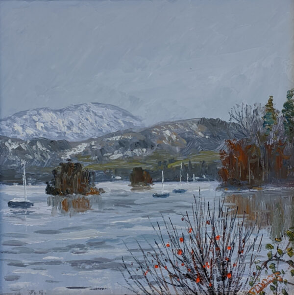 lake district art original oil painting by local artist Jeff Sudders. Dusting of Snow Windermere looking from Bowness promenade. Feauturing islands and sail boats