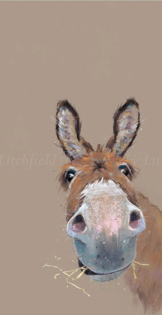 Limited Edition Print by British Artist Nicky Litchfield. Elevenses featuring a donkey on a brown beige background