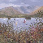 Lake District art print Fairfield and Windermere by Jeff Sudders of sailing boats on the lake with mountains behind and wildflowers in the foreground.