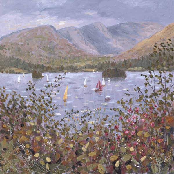 Lake District art print Fairfield and Windermere by Jeff Sudders of sailing boats on the lake with mountains behind and wildflowers in the foreground.