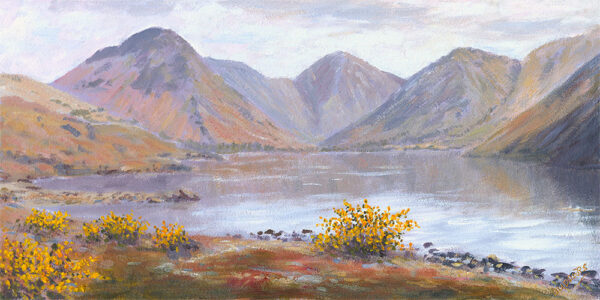 Lake District art print Gorse by Wastwater by Jeff Sudders with autumn colour in the foreground and Yewbarrow and Great Gable at Wasdale Head in the distance.
